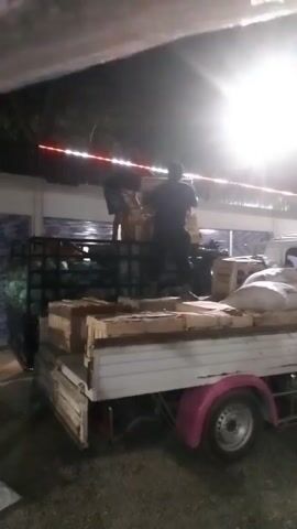 Two individuals are seen on a flatbed truck at night. One person, wearing a dark shirt and black pants, is standing and appears to be placing items onto a stack. The other person, in a dark t-shirt and shorts, is crouching and moving items. The truck is loaded with what appear to be wooden crates and white bags. Behind the truck, there is a dark-colored container with green items, possibly watermelons. A building with tiled walls and a corrugated metal roof is visible in the background, with decorative red and white lights strung along the top edge. A bright light source illuminates the scene from the upper right.