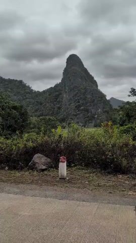 A cloudy sky hangs over a mountainous landscape. A jagged, rocky peak dominates the center of the frame, surrounded by lush green vegetation. In the foreground, a paved road runs horizontally, with a short, white post topped with red and white bands planted on the grassy verge. To the right, more trees and foliage obscure the background, with the road continuing into the distance. The scene suggests a rural, possibly remote, location.