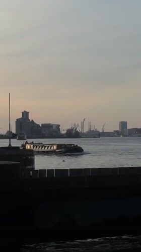 Amsterdam ferries cross IJ river during evening commute