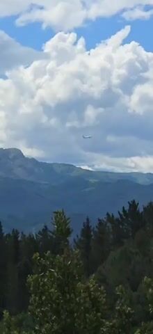 The video shows a landscape with a forested foreground, rolling green mountains in the mid-ground, and a partly cloudy sky. An airplane is visible in the sky. The camera is still, with no panning, zooming, or tilting, and the video is taken during daylight.