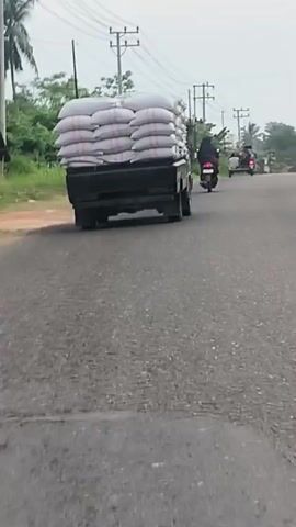 A black pickup truck, identified by the "Mitsubishi" logo on its tailgate, is traveling away from the camera on a paved road. The truck is heavily loaded with stacks of large, white sacks tied with red and white twine. The sacks appear to be piled high in multiple layers, filling the truck bed and extending above its sides. In the distance, a few motorcycles and cars are visible on the road. The environment appears to be rural, with utility poles and power lines lining the side of the road, along with vegetation and trees. The sky is overcast.