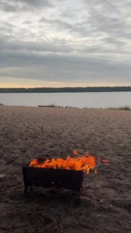 A static, medium shot shows a fire burning in a black metal grill on a sandy beach. The grill is positioned in the foreground, with the flames occupying the lower portion of the frame. Behind the grill, the beach extends towards a large body of water. The water is calm and reflects the overcast sky, which is filled with gray clouds. A treeline is visible on the far shore of the water. A small piece of driftwood or a log rests on the sand near the water's edge. The overall lighting suggests it is either early morning or late evening due to the muted colors and soft light. There are no people or animals visible in the video. The scene is peaceful and natural.