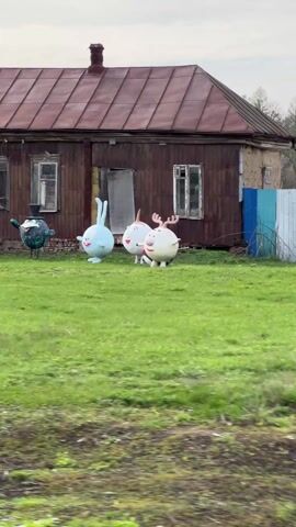 The video shows various colorful lawn ornaments displayed outside of houses in a rural area. The ornaments are mostly animal and cartoon character-themed, including figures resembling characters from the Russian animated series "Smeshariki." The houses appear to be older, with some in need of repair. The environment consists of green lawns and simple fences, suggesting a countryside or small town setting. The camera captures the scene from a moving vehicle.