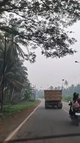 The video shows a view from inside a vehicle traveling on a road lined with palm trees and other vegetation. A dump truck is visible ahead, driving in the same direction. A motorcycle is to the right of the truck. The sky is overcast, and the overall lighting suggests it is either early morning or late afternoon. The road appears to be paved and has a yellow line marking the center. Utility poles are visible along the side of the road.