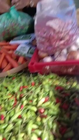 A close-up, shaky, and blurry video shows a market stall filled with produce. In the foreground, a large pile of green and red chili peppers is visible. Behind the chilies, a red crate contains garlic and onions. To the left, a bunch of carrots is tied together with yellow string. In the background, a person wearing a black shirt with a floral pattern is partially visible, interacting with the produce. The overall environment appears to be an outdoor or indoor market with an abundance of fresh vegetables. The lighting is bright, suggesting daytime. The camera movement is erratic, making it difficult to discern finer details.