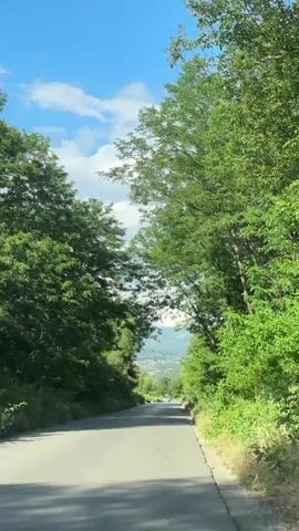 The video shows a first-person perspective from a vehicle moving forward on a paved road. Dense green trees and foliage line both sides of the road, creating a natural canopy effect. In the distance, a mountain range is visible under a bright blue sky with numerous white cumulus clouds. A light-colored minivan or small utility vehicle is observed driving away from the camera on the road. The setting appears to be a natural, possibly rural or mountainous, environment on a clear, sunny day.