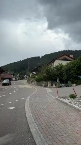 The video shows a street view in a village. There are houses with pitched roofs, trees, and a paved road with white lane markings. There are also some planters with flowers, two green trash bins, and a signpost. The sky is cloudy. The camera is moving, showing different parts of the street and buildings.