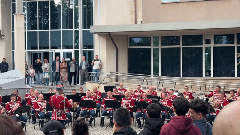 Military band performs at aircraft display in Sofia, Bulgaria