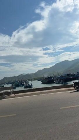 The video captures a bright, sunny day in Ninh Chu Ward, Vietnam, focusing on a coastal road and harbor area. The first shot presents a panoramic view of a bay filled with numerous fishing boats docked in the water, with large, green mountains forming the backdrop under a blue sky adorned with white clouds. A paved road occupies the foreground, where a white car and a black motorcycle are parked.

As the video progresses, three individuals are seen riding motorbikes and scooters along the road, moving from left to right. The final shot reveals a small, makeshift roadside stall or shack positioned beside the road. This structure features a green tarp roof and sides, with a blue bench and a white refrigerator visible nearby. Overhead power lines crisscross the frame. The harbor and mountains remain in the background, indicating a consistent coastal setting throughout the video. The activity primarily involves vehicles and daily life along the road, under clear weather conditions. Text is visible on the white cooler, but it is too blurry to be deciphered.