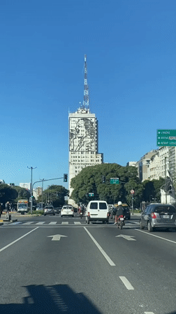 Eva Perón portrait displayed on Buenos Aires building facade