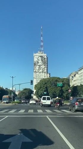 Eva Perón portrait displayed on Buenos Aires building facade