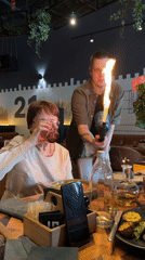 Waiter uses flaming torch for tableside service in Tyumen restaurant