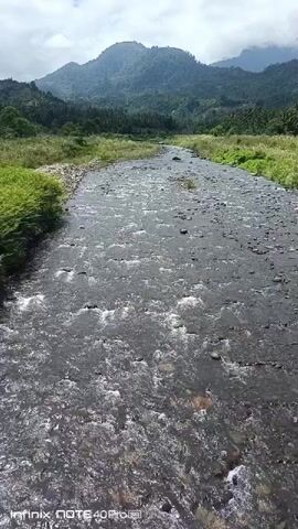 The video shows a wide, shallow river flowing through a valley. The riverbed is covered in stones and gravel. Lush green vegetation grows on either side of the river, and in the background, rolling hills covered in trees rise towards a cloudy sky. The camera appears to be mounted on a drone or elevated position, looking down at the river as it flows away from the viewer. The overall impression is one of a natural, undeveloped landscape.