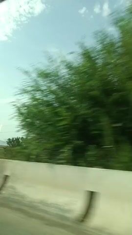 The video shows a view from a vehicle moving along a road. On the left side of the frame is a concrete barrier. Beyond the barrier is a green field, a lone tree, and a power pole. In the distance, there are mountains under a light blue sky with scattered clouds. The camera is focused on the scenery passing by, with the foreground elements blurred due to motion.
