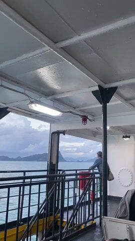 From the inside of a ship, a person is visible standing at a railing, gazing at islands in the distance. The sky is cloudy. The ship's structure is white and the railing is black. A red life preserver is visible next to the person at the railing. Fluorescent lights illuminate the interior of the ship. Other people are visible in the periphery.