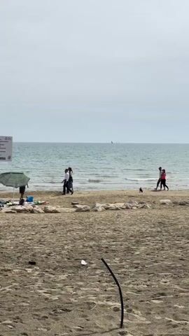 The scene depicts a beach on a partly cloudy day. In the distance, the sea stretches to the horizon. Several sailboats are visible in the far distance.  On the sandy beach, several people are walking. A couple strolls together, accompanied by a small dog that trots near them. Another person walks near the water. There are patches of dark-colored sand. In the foreground, a bent black tube lies on the sand. Also present are a few rocks near the shoreline and a beach umbrella to the left.