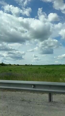 This video captures a scenic drive through a rural landscape in Patrushy, Russia. The scene is dominated by a vast, green field stretching towards a distant treeline under a bright, blue sky dotted with fluffy white clouds. A silver guardrail runs along the foreground, suggesting the view is from a moving vehicle on a road. A tall, grey pole stands to the left, possibly a streetlamp or utility pole. In the middle distance, a cluster of trees and a gentle slope are visible, with a hint of purple wildflowers blooming in the field. Further along, a bridge and embankment appear, suggesting the road is passing over or under an overpass. The weather appears to be pleasant, with sunny conditions and a light breeze indicated by the moving clouds and the swaying grass. The overall mood is peaceful and idyllic, evoking a sense of open spaces and natural beauty. No visible text is present in the video.