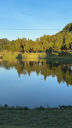 Pedestrians cross bridge over calm lake in Da Lat park