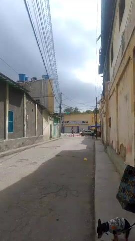 This video shows a street scene in what appears to be a residential or mixed-use area. The street is paved and shows signs of wear. On the left side of the street are several buildings, one of which has a blue door and a blue window. There are water tanks on the roof of a building. Overhead, numerous electrical wires are strung across the street. On the right side of the street, a long, beige building with peeling paint runs along the sidewalk. In the distance, a yellow building with a blue awning is visible, possibly a business. Several people are present in the video, including a man and a child walking down the street, and a person carrying a bag. A dog is visible at the bottom right of the frame. The sky is overcast.