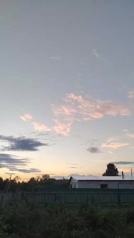 This is a vertical video clip filmed outdoors in Bogdashkino, Russia. The scene captures a rural or suburban landscape at what appears to be dusk or dawn. The sky dominates the upper portion of the frame, filled with a mix of light and dark clouds, with hints of pink and orange suggesting the sun is low on the horizon.

Below the sky, a long, low building with a metal roof is visible, partially obscured by a dark green, metal-slat fence that runs horizontally across the middle of the frame. Beyond the fence, there is dense green foliage and some smaller trees. To the right of the building, a tall, slender evergreen tree stands out. In the further background, other structures and trees can be seen, hinting at a village or small town setting. The overall atmosphere is serene and tranquil, with the soft lighting and natural elements creating a peaceful mood. There is no visible text within the video clip.