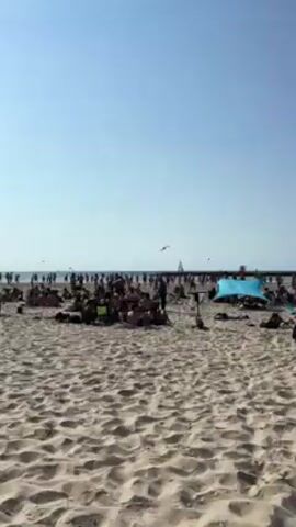 The video shows a crowded beach on a sunny day. Many people are relaxing on the sand, some sunbathing and others sitting in groups. In the distance, people are playing in the water, and a sailboat is visible. A man wearing a hat and a blue shirt stands among the beachgoers, appearing to be vending something from a wheeled cart. The sky is clear, and the overall atmosphere is that of a busy summer beach day.
