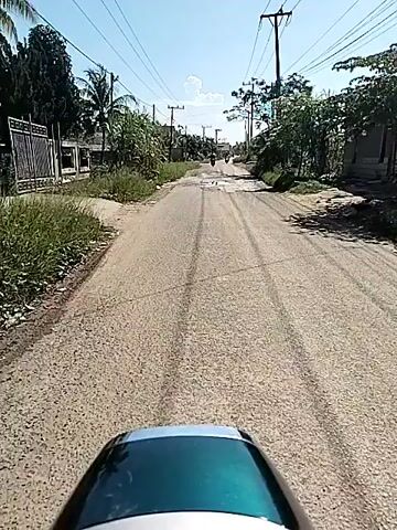 The video shows a person riding a motorcycle down a dirt road. The road is in poor condition, with many potholes filled with water. There are trees and bushes on either side of the road, as well as some houses. There are power lines running above the road. Another person is riding a motorcycle ahead. The sky is blue and the weather appears sunny.
