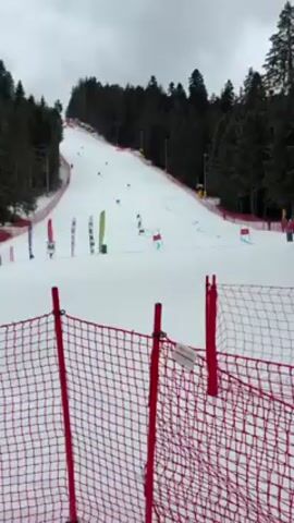 The video shows a ski race on a snow-covered slope under an overcast sky. Several skiers are visible on the course, marked with red and blue gates. A young skier, wearing a dark ski suit and helmet, skis toward the camera, navigating through the gates. The course is bordered by a red safety fence and pine trees. Flags and banners are placed alongside the course. A few spectators are visible in the background.