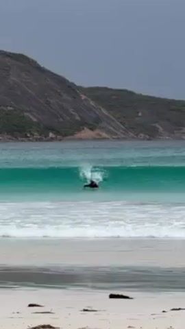 The video shows a person riding a wave on a bodyboard. The person is wearing a dark wetsuit and is positioned in the middle of a turquoise wave. The wave is breaking and creating white water. In the background, there is a sandy beach with some vegetation and a rocky headland covered with greenery. The sky is overcast, and the overall lighting suggests a cloudy day. The video focuses on the bodyboarder and the wave, capturing the motion of the ride.