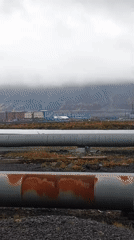 Weathered industrial pipes line a waterfront near residential buildings