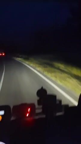 The video captures a first-person perspective from inside a vehicle driving at night. The scene is dominated by darkness, with the road ahead illuminated by the vehicle's headlights. The asphalt road has clear white lane markings and gently curves to the right. Greenish vegetation or grass is visible along the immediate roadside, illuminated by the headlights.

In the distance, several sets of red taillights from other vehicles, likely trucks, are visible on the road, suggesting ongoing traffic. The immediate foreground shows parts of the vehicle's dashboard, including two electronic devices. One device has a circular orange glowing indicator, and another has two square red glowing indicators.

The overall atmosphere is one of nighttime travel. The provided context indicates the location is Izimșa, Romania. Audio features the distinct hum of an engine, accompanied by indistinct background speech or music.