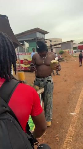 Here’s a description of the video:

The video shows a shirtless man looking at his phone while holding a coconut. He is wearing a black bucket hat and faded jeans. There is a food stall in the background, with a menu listing fish, shrimp, and chicken. Another man, wearing a red shirt, is standing nearby. The ground is dirt, and the weather appears overcast. There are other people in the background.