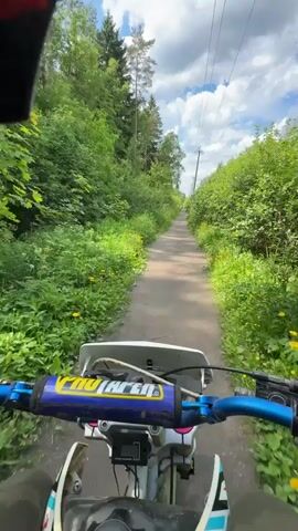 A point-of-view video shows someone riding a dirt bike on a narrow paved path. The path is surrounded by tall green foliage, with trees in the distance on the left. Telephone poles and power lines run along the right side of the path. The handlebars of the dirt bike are blue with a yellow pad that reads "ProTaper". The rider's legs are visible on either side of the bike's gas tank. The weather appears sunny with some clouds in the sky.