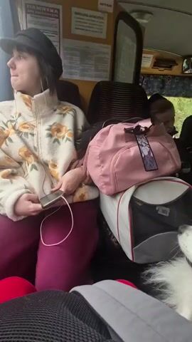 A young woman wearing a black hat, a floral print jacket, and purple pants sits by a window on a bus. She is wearing white earbuds and holding a smartphone. Various bags are piled around her, including a pink duffel bag and a pet carrier. A portion of a dog's white and black fur is visible in the lower right corner of the frame, suggesting it is in the pet carrier. Outside the window, a road and a forest can be seen. The interior of the bus appears somewhat dated, with posters or signs on the walls. The overall scene depicts a travel moment, possibly a journey on a long-distance bus.