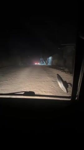 The video shows a night view from inside a vehicle, looking out through the windshield at a dirt road. The headlights of the vehicle illuminate the dusty road and a few buildings on the right side. In the distance, there are other vehicle lights. A side mirror is visible on the right side of the frame. The atmosphere is dark and rural.