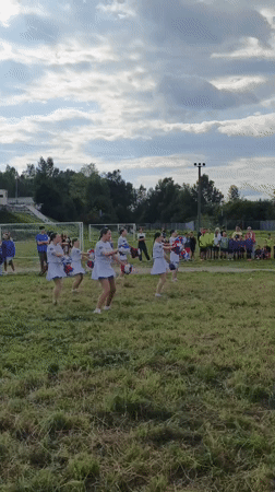 Community sports day underway in Zlatoust with cheerleaders and kids