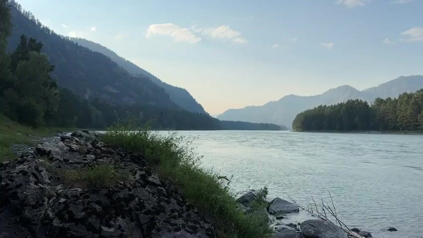 A wide shot captures a tranquil river flowing through a valley bordered by lush green forests and imposing mountains. The water, a shimmering turquoise, gently laps at a rocky shoreline in the foreground. The sky above is a soft blue, dotted with wispy clouds, suggesting a calm and clear day. The sunlight casts a serene glow over the landscape, highlighting the natural beauty of the untouched wilderness. There are no people or animals visible in the frame, emphasizing the sense of peace and solitude.