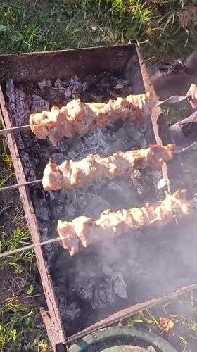 Elderly man grills meat, drinks beer in Botovo backyard