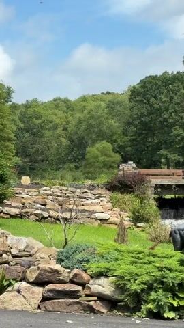 The video shows a statue of a deer with large antlers, positioned in front of a small waterfall. The waterfall cascades over rocks, and a stone bridge or structure is visible behind it. The deer statue is surrounded by lush green bushes and grass. The background consists of dense green trees, suggesting a forest or wooded area. The sky is partly cloudy. The camera pans slightly to the right.