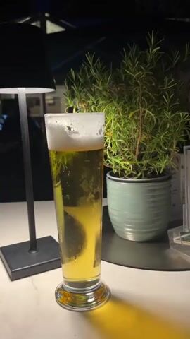 A tall glass of beer with a foamy head sits on a white table. To the left, a black lamp with a white shade emits a soft light. Behind the beer, a potted plant with green leaves is visible. The background is dark and out of focus. The video zooms in on the glass of beer.