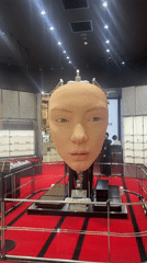 Large human head sculpture displayed in Sydney store