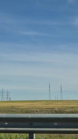 This video shows a landscape with a bright blue sky and a few wispy clouds. In the foreground, a metal guardrail is visible, obscuring the bottom portion of the frame. Beyond the guardrail, a field of dry, golden grass stretches to the horizon. Numerous tall, lattice-like electrical towers are scattered across the field, connected by high-voltage power lines. The towers vary in height and design, with some appearing closer and more detailed than others. The overall impression is a wide-open, rural or semi-rural area dominated by agricultural land and power infrastructure under a clear sky.