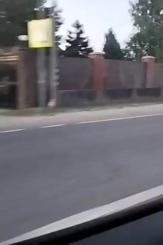The video captures a view from a moving vehicle looking out a side window. A paved road with a white line marking the lane is visible in the foreground. Beyond the road, a brick fence runs along the edge of a property. Trees and houses are visible behind the fence. The sky appears overcast. The camera movement suggests the vehicle is traveling at a moderate speed. The scene is an outdoor environment, likely a residential street or area.