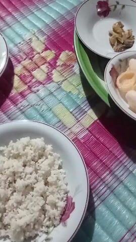 A close-up, slightly blurry video shows a spread of food on a woven mat. The mat has a checkered pattern of pink, green, and blue stripes. Several small white plates and bowls are arranged on a larger green tray. One plate in the foreground contains white rice. To the right, a bowl holds several pieces of light-colored crackers or chips. Behind the crackers, a bowl of light green soup with a spoon in it is visible. Another small plate holds what appears to be dried fish or shrimp. Further back, a plate contains a reddish-orange curry with pieces of meat or tofu. A small plate with darker, cooked food, possibly meat, is on the far right. The lighting is dim, casting some shadows. The camera is moving slightly, giving a dynamic feel to the scene. No people are visible.