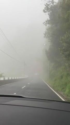 The video shows a drive on a foggy, winding road, taken from inside a car. Visibility is low due to the heavy fog. A two-story red building with a white car parked in front of it is visible on the right side of the road. There are trees and foliage on both sides of the road.  Power lines run along the left side of the road. The road is wet, suggesting it may have been raining.  The focus is on the road ahead, and the car seems to be moving slowly and cautiously due to the fog.