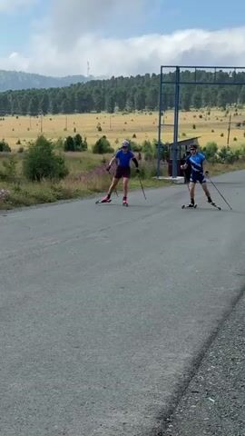 Two people are roller skiing on a paved road with a wide grassy field and a dense forest behind them. The sky is partly cloudy and the overall lighting suggests it is daytime. Both individuals are wearing helmets, athletic clothing, and are using ski poles for propulsion and balance. The person on the left is wearing a blue shirt and dark shorts, while the person on the right is wearing a blue and white patterned athletic suit. The terrain appears to be slightly uphill. There is a large metal structure with blue accents in the background on the right side of the frame.