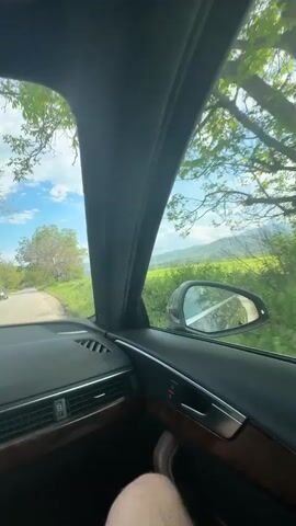 The video shows a view from inside a car driving on a dirt road alongside a green field. The sky is blue with scattered white clouds. In the distance, there are mountains. A side mirror is visible in the lower center of the frame. A tree with blooming white flowers is seen beside the road. There is music playing in the car.