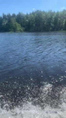The video shows a body of water with a wake in the foreground, indicating movement. The water is dark blue and reflects sunlight as small, shimmering points. In the background, across the water, there is a dense line of trees with green foliage. The sky above is clear and light blue, suggesting a sunny day. The perspective is from a low angle, seemingly from a moving boat, looking out over the water towards the shore.