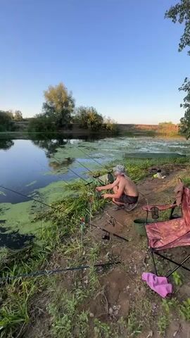 A young man is fishing on the bank of a lake. He is wearing a hat and shorts and is shirtless. He is holding a fishing rod and is casting his line into the water. There are several other fishing rods set up along the bank. The lake is surrounded by trees and greenery, and the sky is clear and blue.