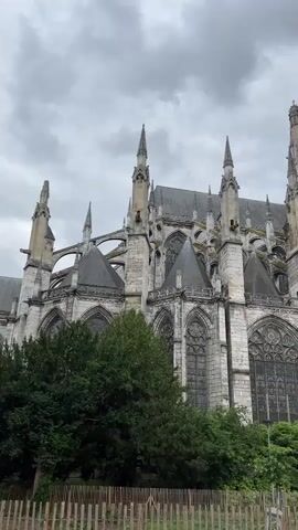 A slow pan from left to right shows a large Gothic cathedral with intricate stone work, numerous spires, and flying buttresses under an overcast sky. Scaffolding is visible on the right side of the building. In the foreground, a wooden fence separates a patch of green bushes from the viewer. Four young individuals are seated on a bench in front of the fence, observing the cathedral.