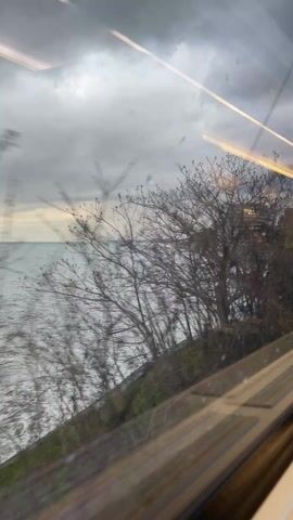 The video shows a view from inside a train moving along the coast on a cloudy day. The sea is visible through the window, along with bare trees and vegetation on the embankment. A modern building is visible in the distance, along with a pier. Raindrops are visible on the window glass. The interior of the train is partially visible in the foreground.